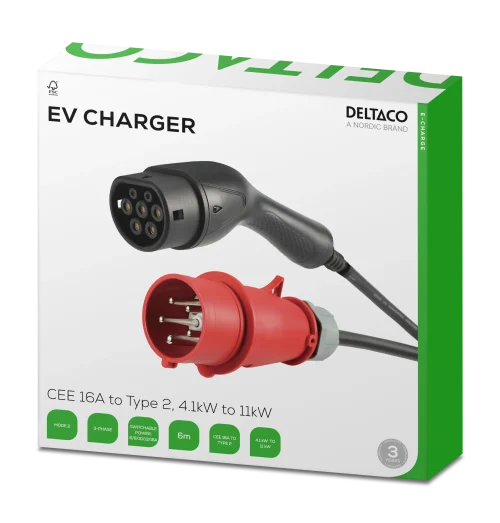 Deltaco e-Charge 11kW EV-laturi Type 2  | 6m kaapelilla | Voimavirta